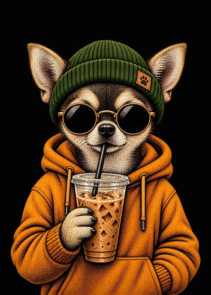Cool Chihuahua in Hoodie Drinking Iced Coffee