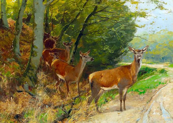 Pack of Red Deer Crossing a Path Painting by Christian Kroner