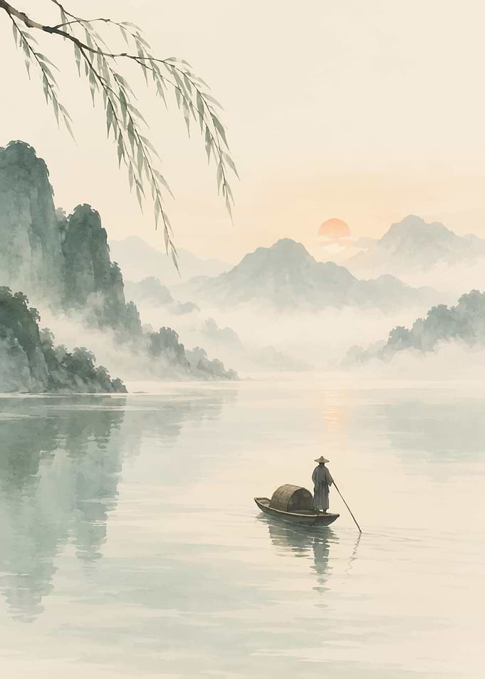Lone Fisherman on Misty River