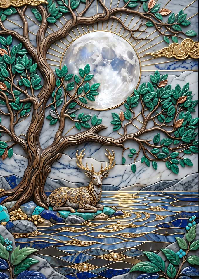 Ornate Deer Under Moonlit Tree
