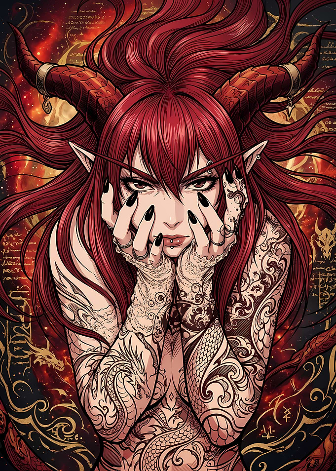 Red-Haired Demoness with Dragon Tattoos