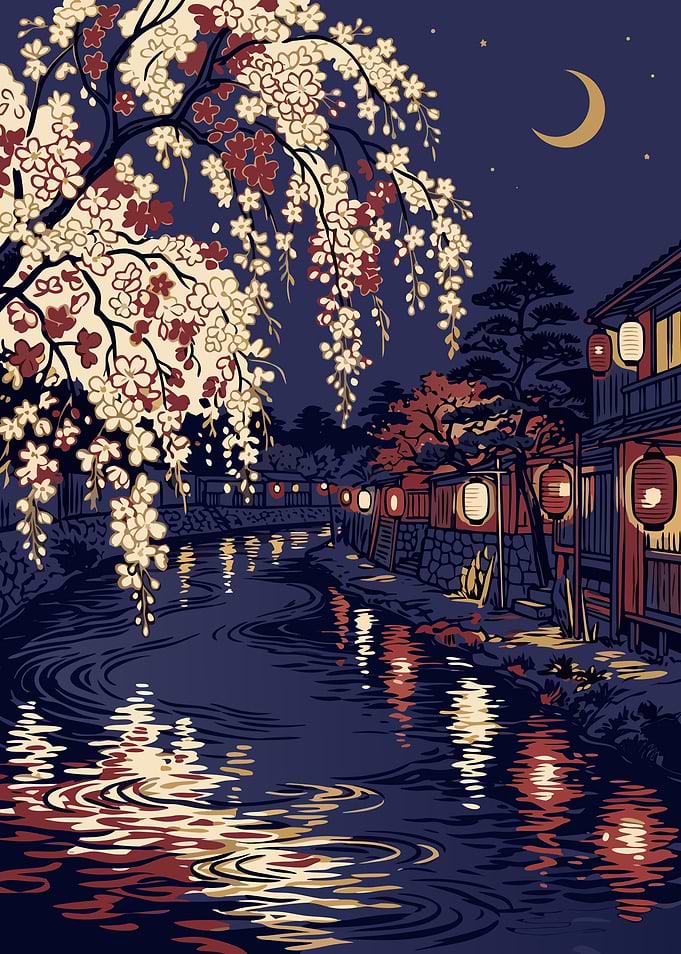 Lantern Light over Midnight Sakura