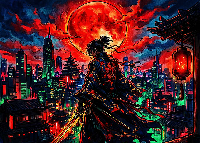 Cyberpunk Samurai Under Red Moon
