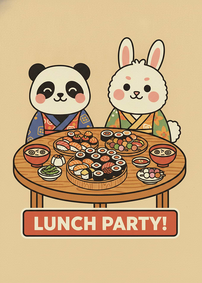 Cute Panda and Rabbit Lunch Party