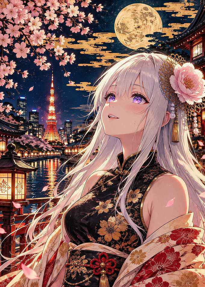 Japanese Woman Under a Moonlit Tokyo Sky