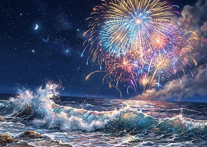Fireworks Over a Sparkling Ocean