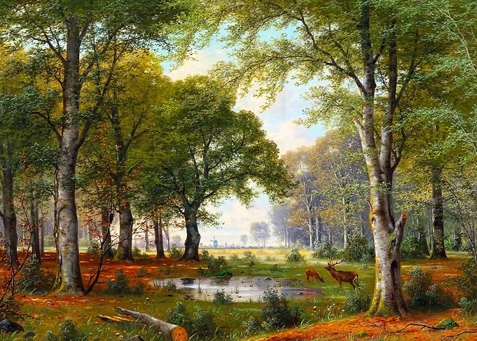 Forest Landscape with Deer Painting by Jacobus Johannes van Poorten