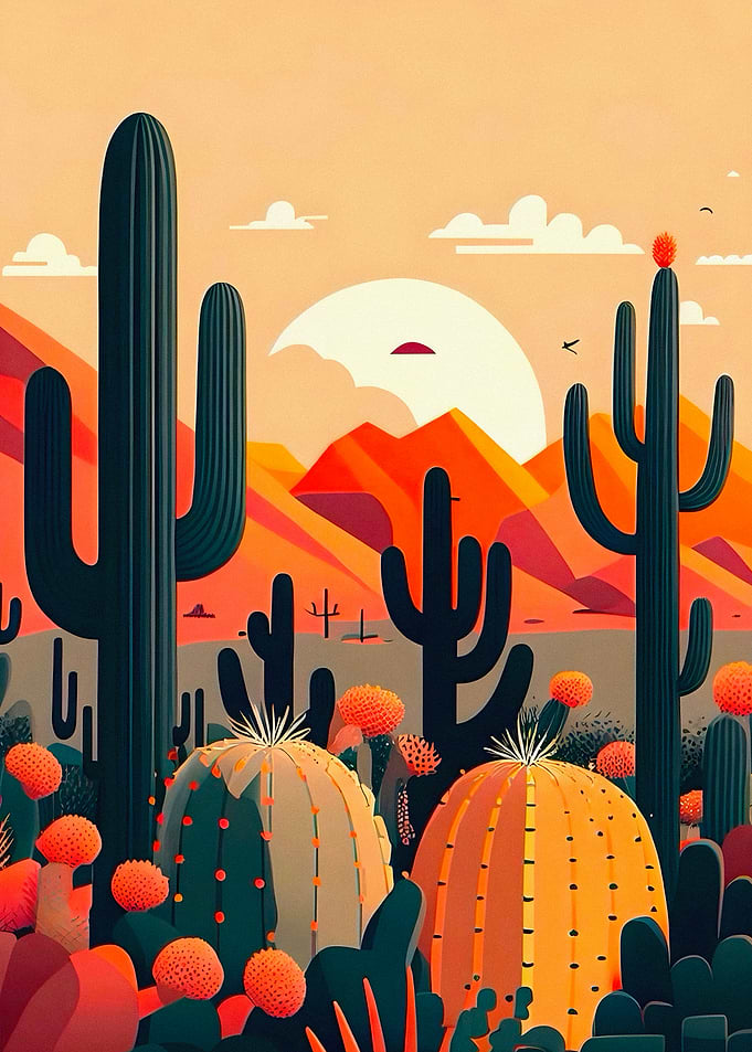 Vibrant Desert Cactus Landscape Illustration