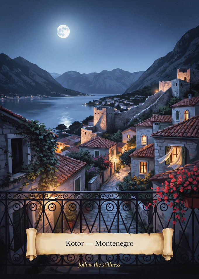 Kotor Moonlit Balcony Streetscape — Romantic Mystical Mediterranean Night Art