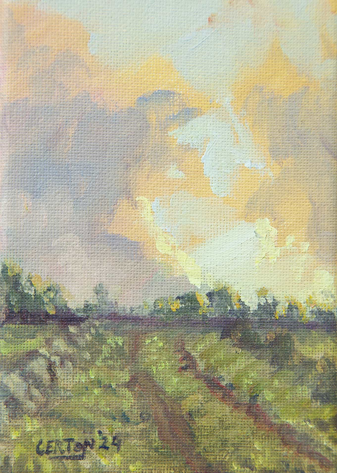 Impressionist Landscape Painting of Sunset Field