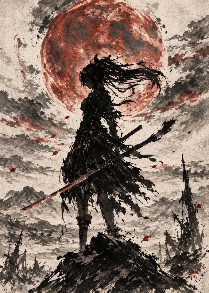 Samurai Silhouette Under Blood Moon