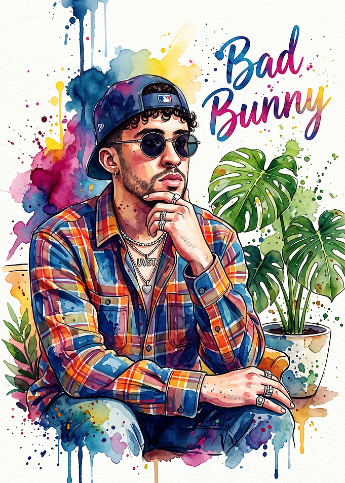 Bad Bunny Watercolor Portrait
