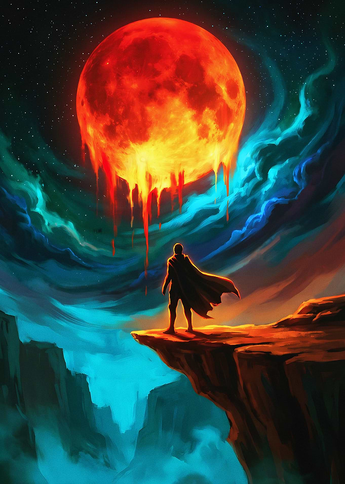 Lone Hero Facing Melting Blood Moon