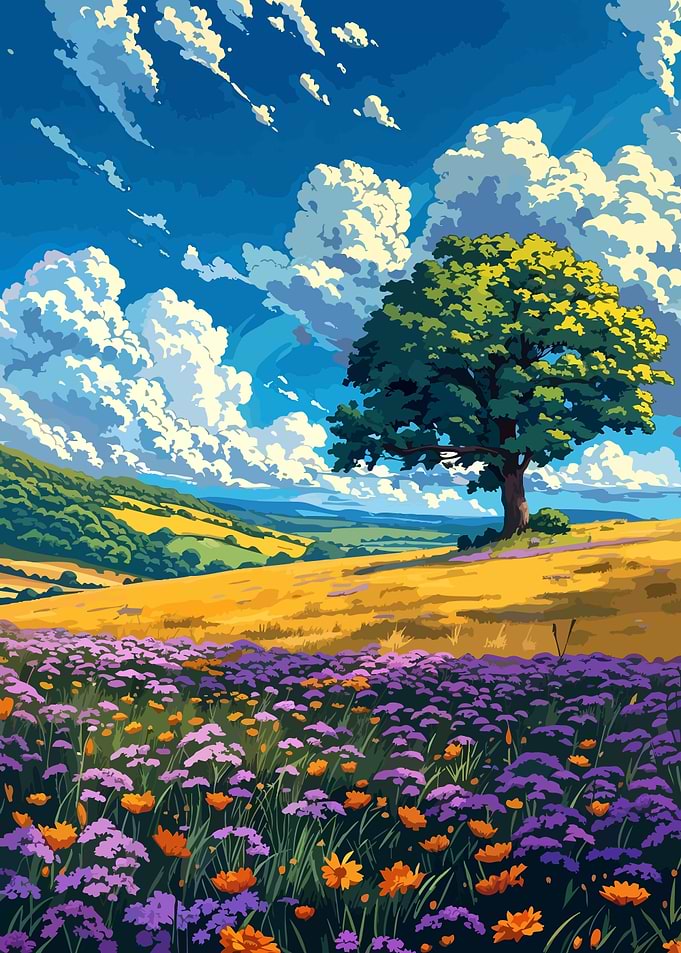 Vibrant Wildflower Meadow and Lone Tree