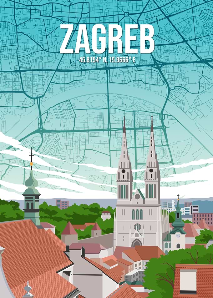 Zagreb Croatia Cathedral City Map Metal Travel Art