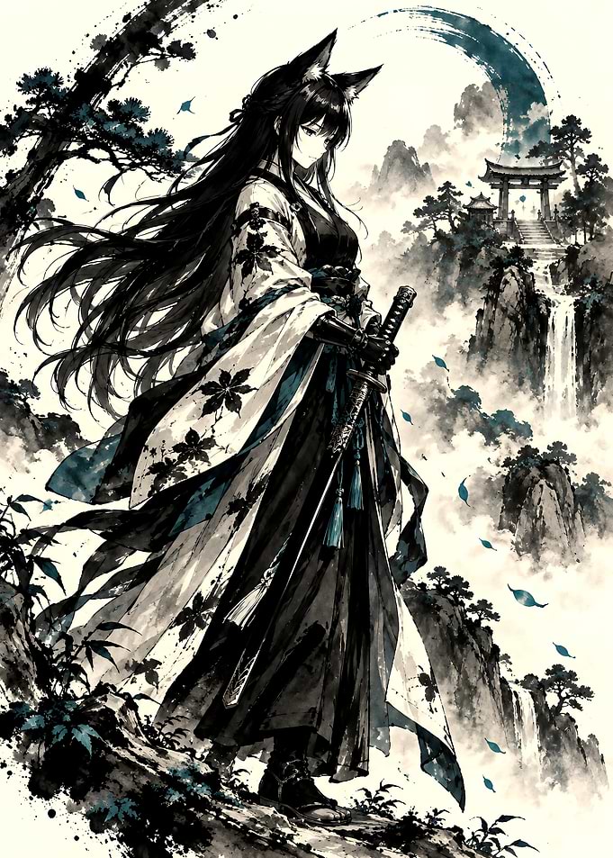 Fox Spirit Samurai in Ink Wash
