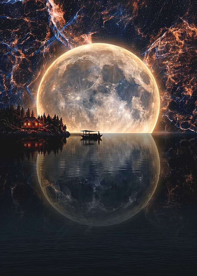 Giant Moon Over Serene Lake