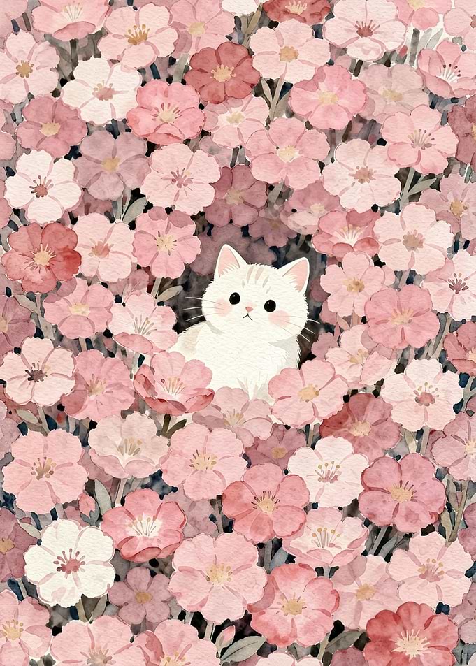Cute White Cat in Pink Flowers