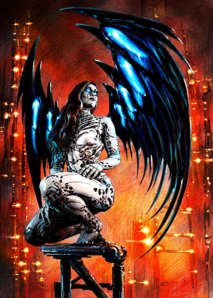 Cyborg Angel with Glowing Wings