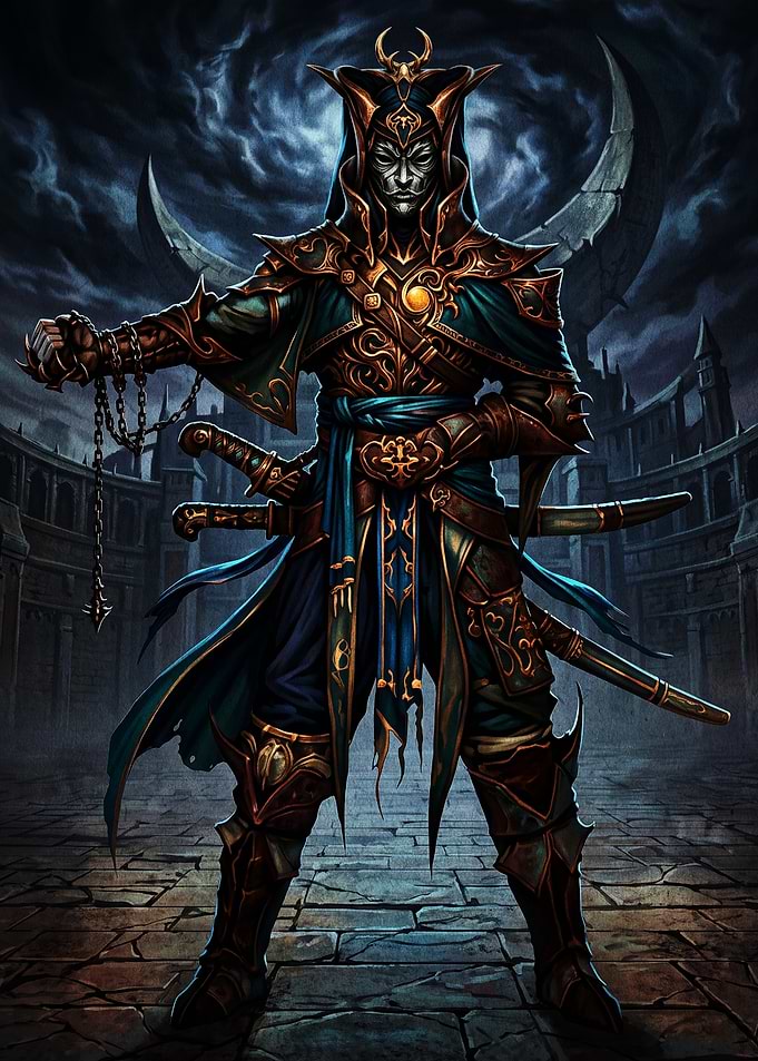 Masked Fantasy Warrior in Dark Arena