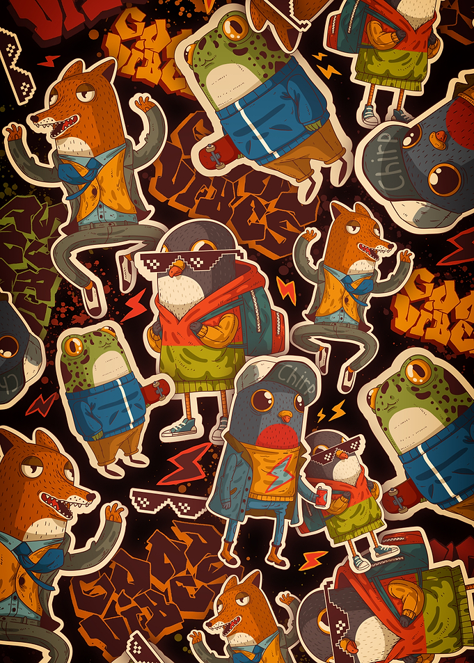 Urban Animal Sticker Pattern Wallpaper