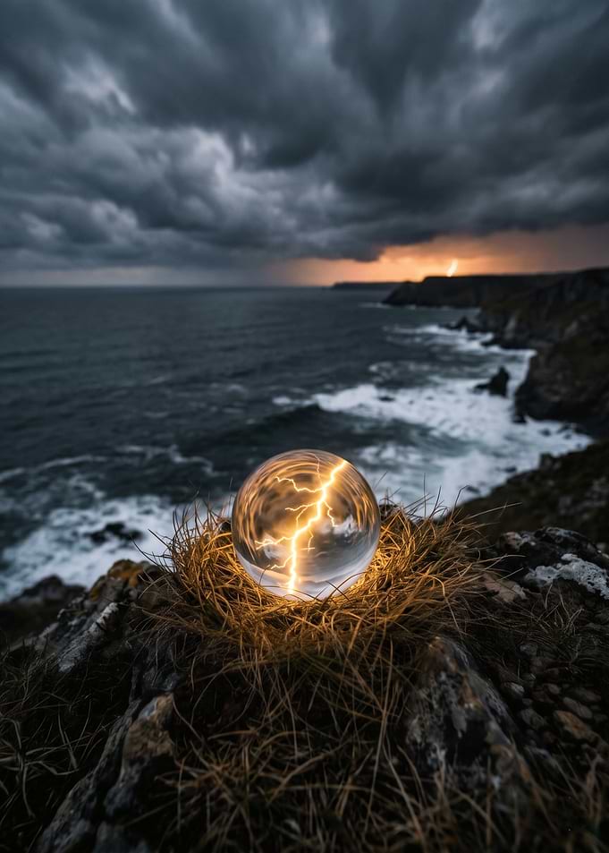 Lightning Crystal Ball on Coastal Cliff
