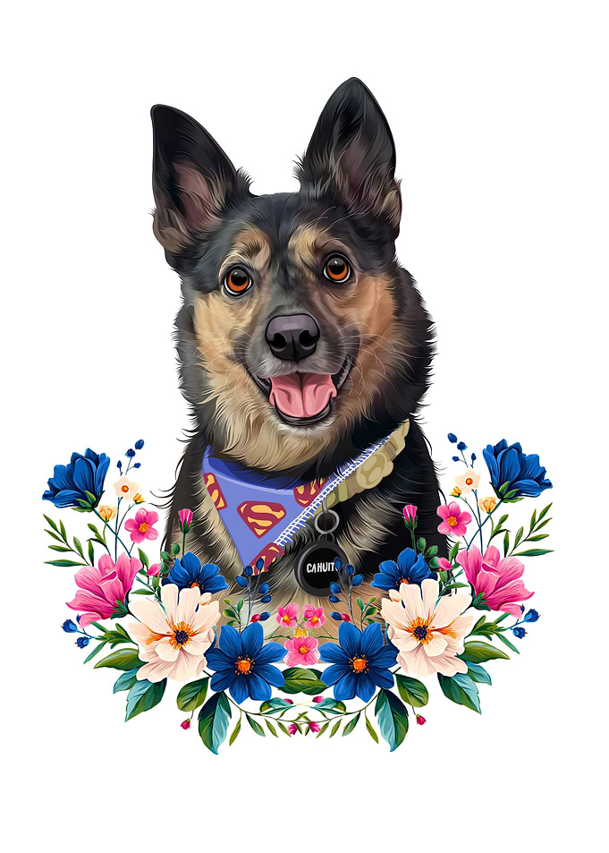 Super Dog Portrait with Floral Wreath