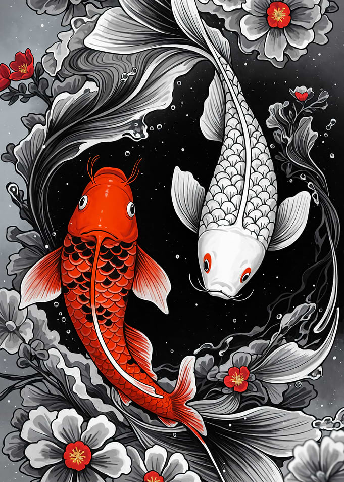 Red and White Koi Fish Illustration Japanese