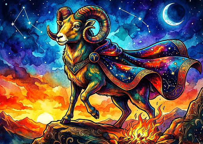 Aries Zodiac Cosmic Ram Watercolor