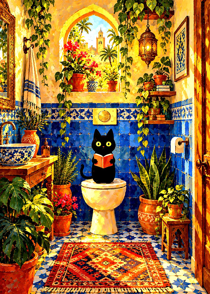 Black Cat Reading on Toilet
