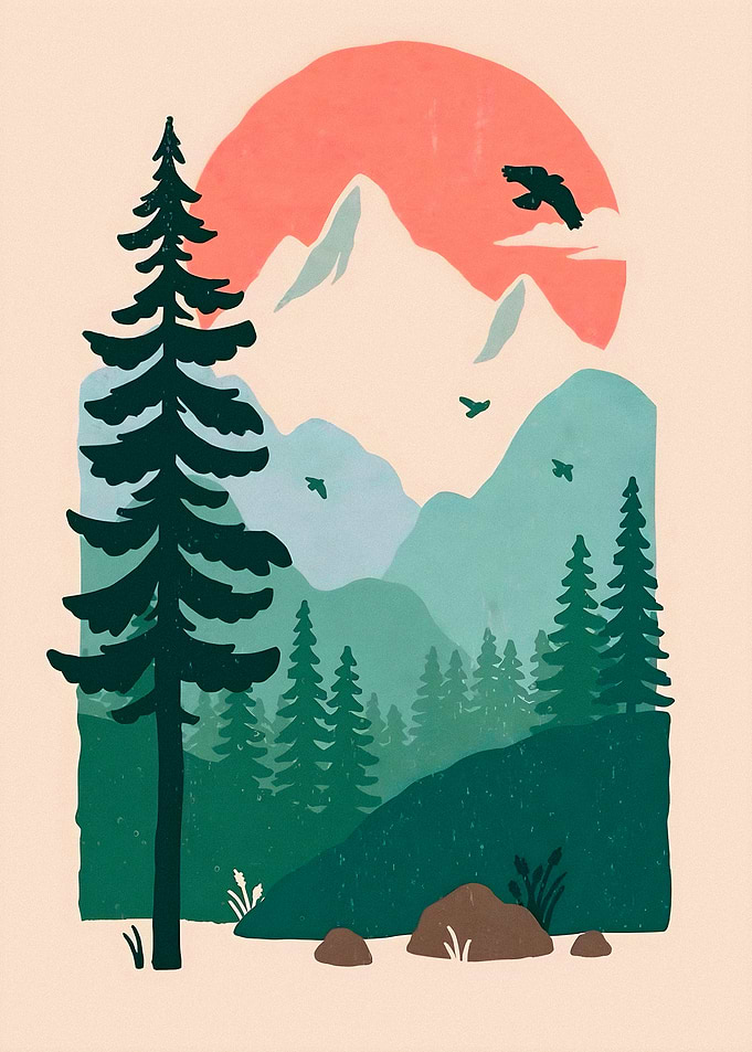 Minimalist Mountain Forest Sunset Art