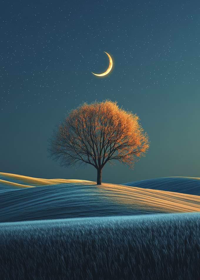 Golden Tree Under Crescent Moon
