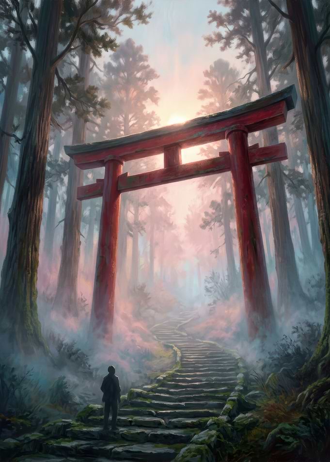 Person Standing Before Torii Gate