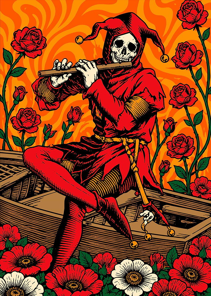 Skeleton Jester Playing Flute Illustration