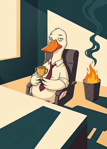 Tired Office Duck with Burning Trash