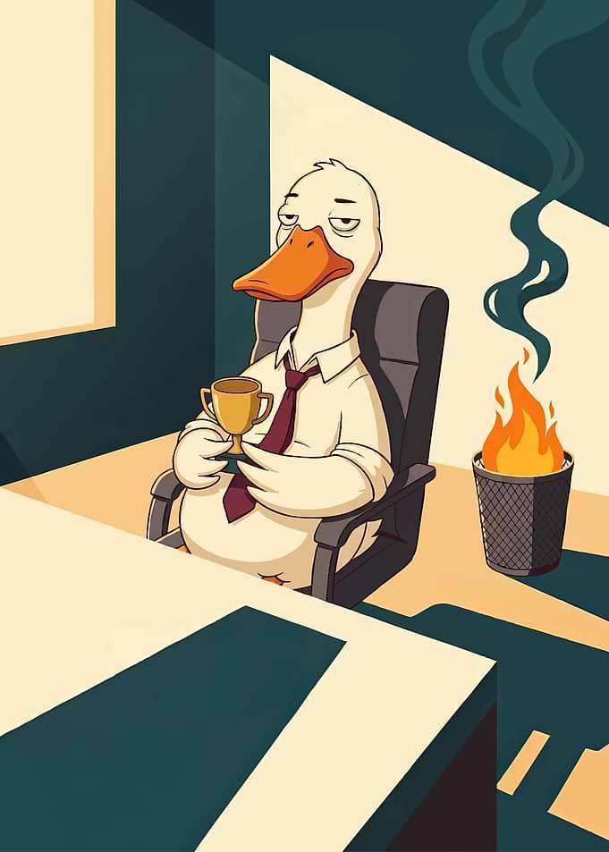 Tired Office Duck with Burning Trash
