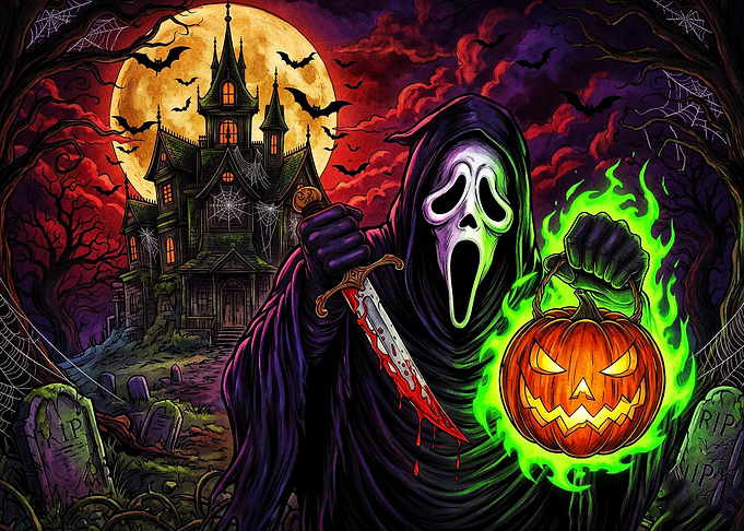 Ghostface Halloween Haunted House Illustration