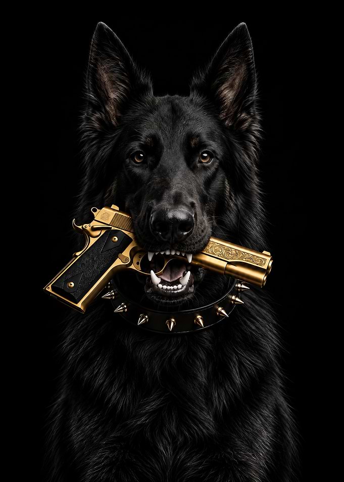 Black German Shepherd with Gold Pistol