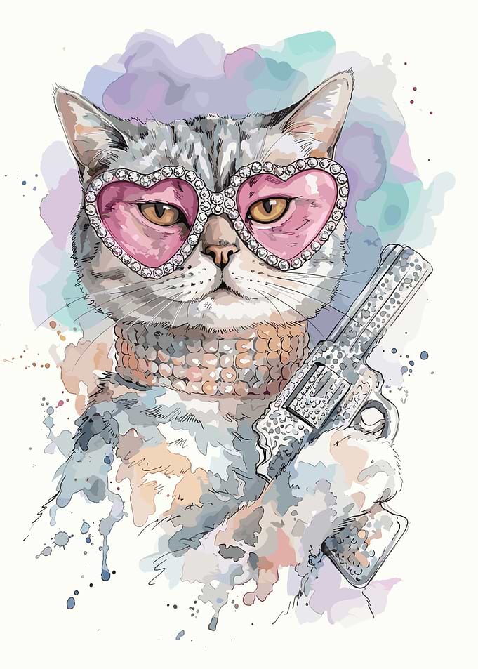 Glamorous Cat with Rhinestone Gun