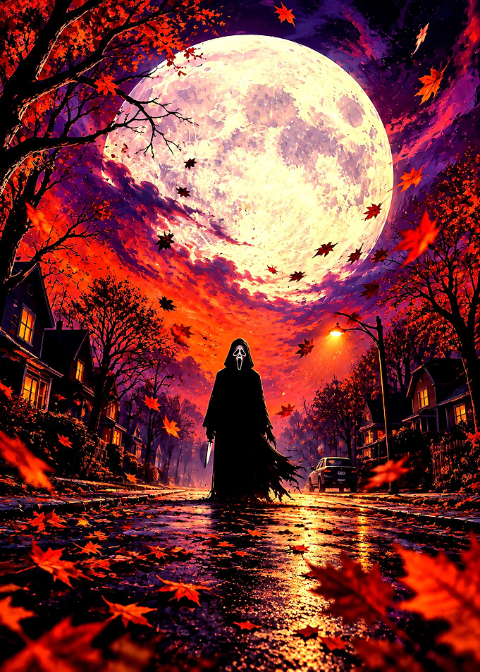 Scream Ghostface Under a Giant Autumn Moon