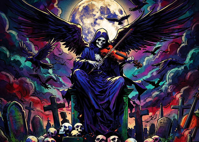 Grim Reaper Playing Violin in Graveyard