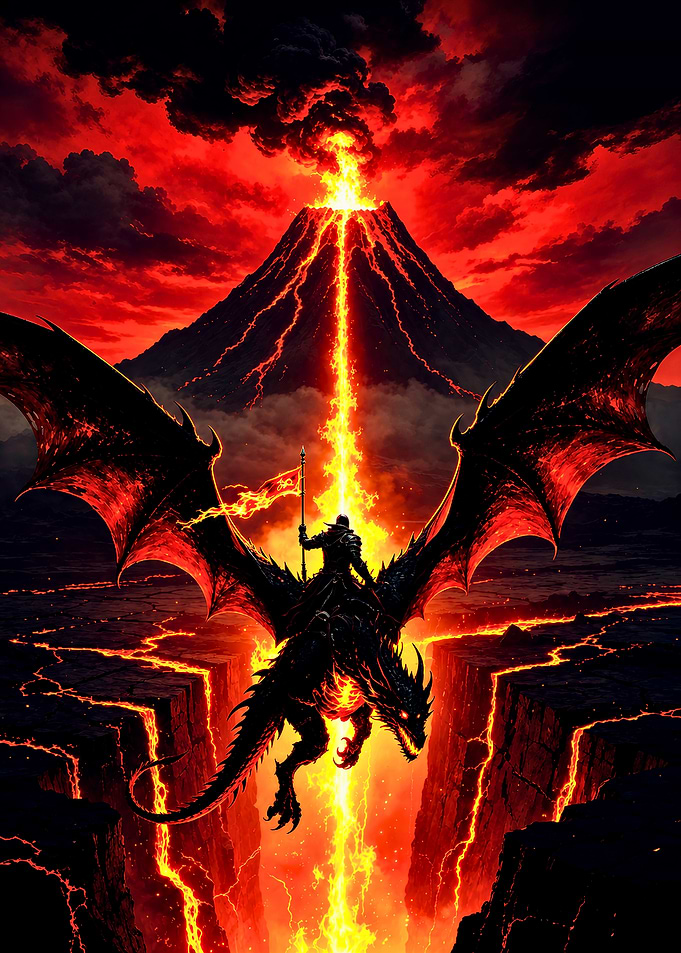 Dragon Rider Before Erupting Volcano