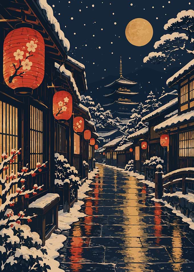 Snowy Japanese Street at Night