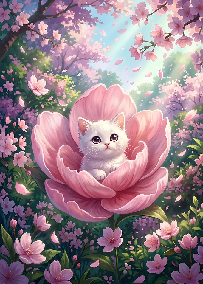 Cute White Kitten in Pink Flower