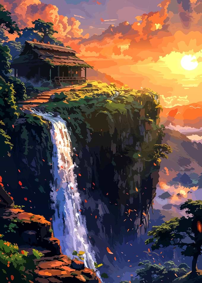 Traditional Japanese Hut by Waterfall