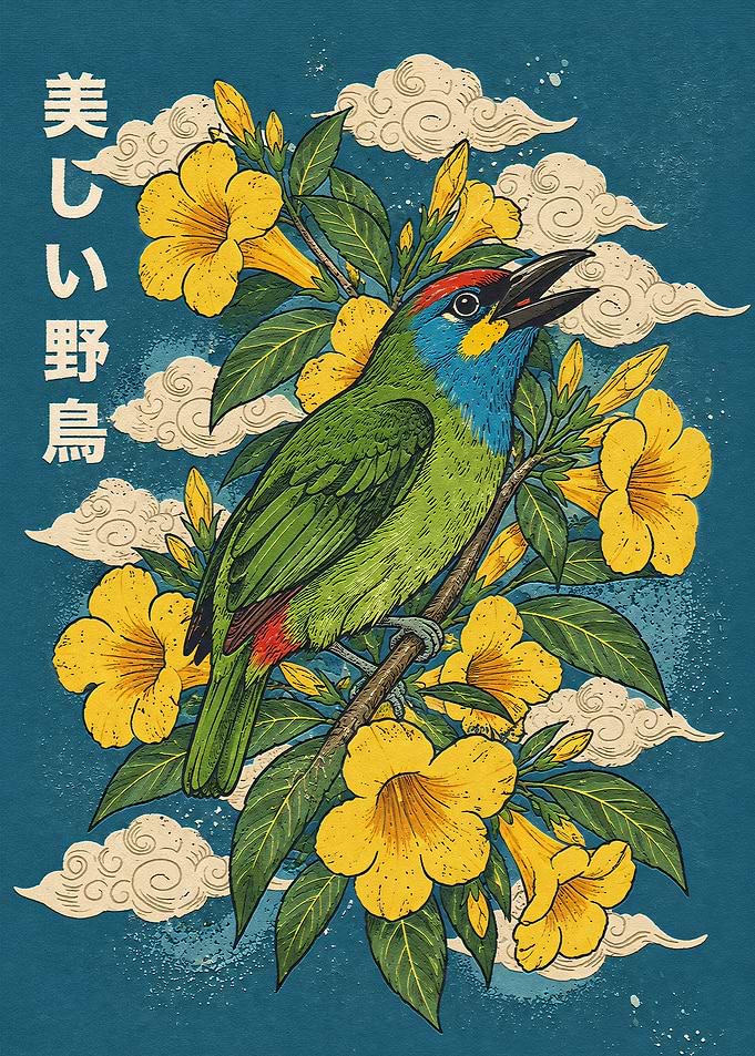 Japanese Style Bird and Yellow Flowers