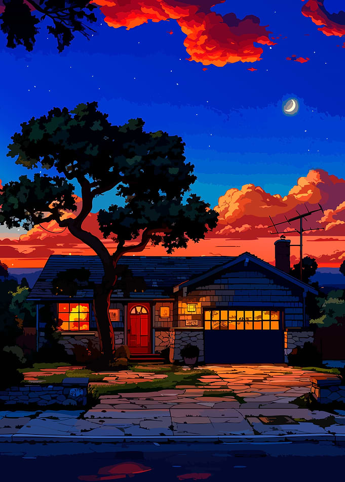 Suburban House at Sunset