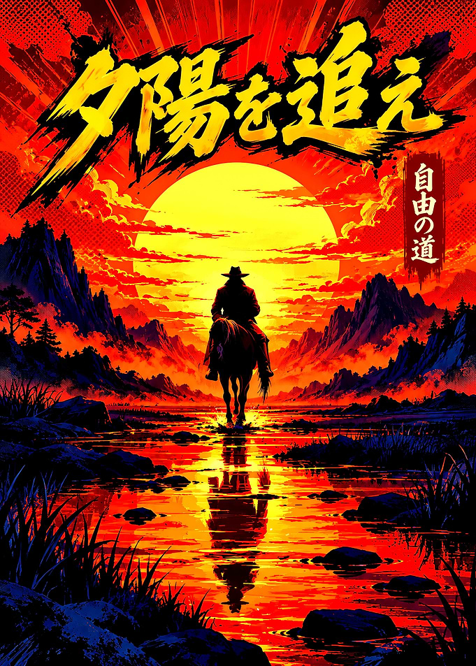 Lone Cowboy Riding into Sunset