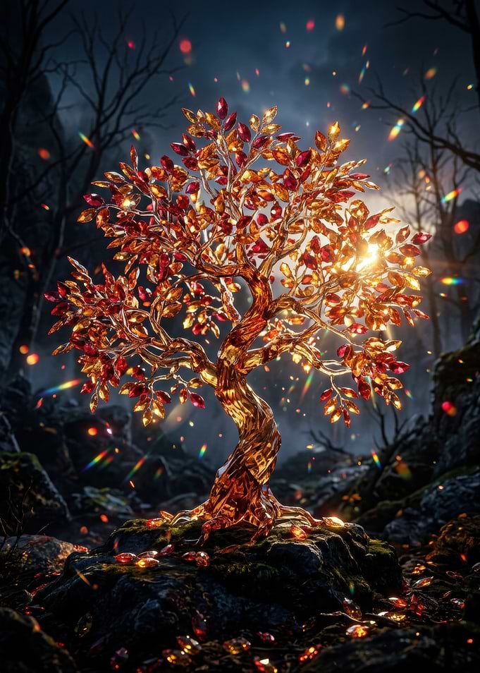Glowing Crystal Tree in Dark Forest