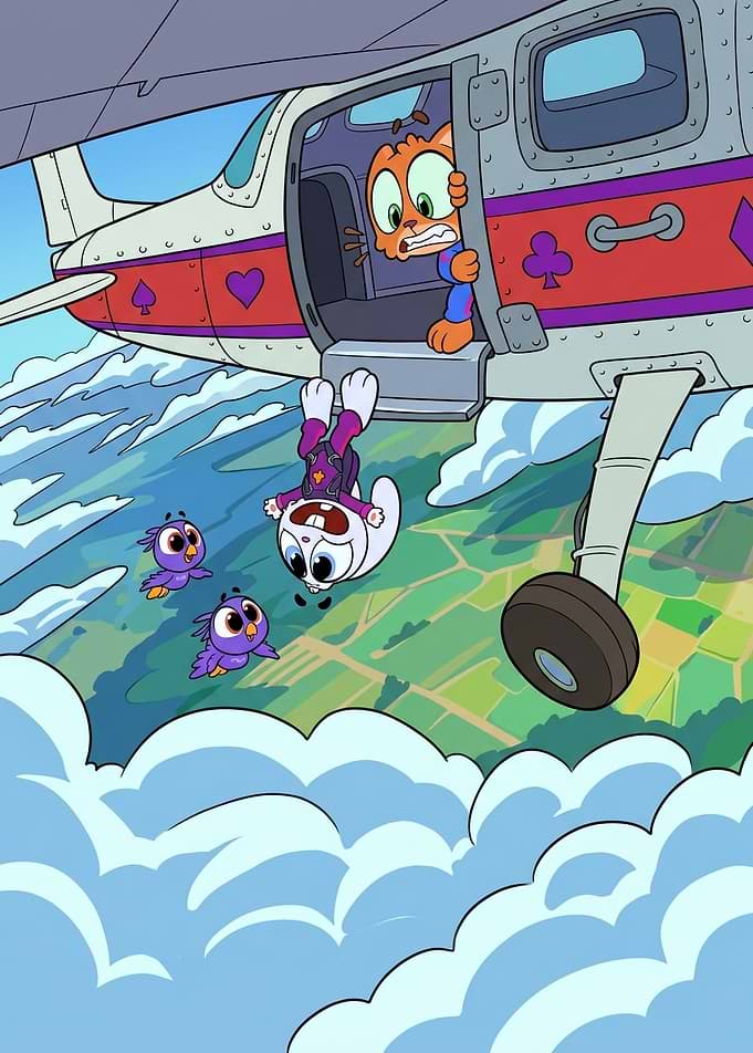 Happy friends skydiving from airplane